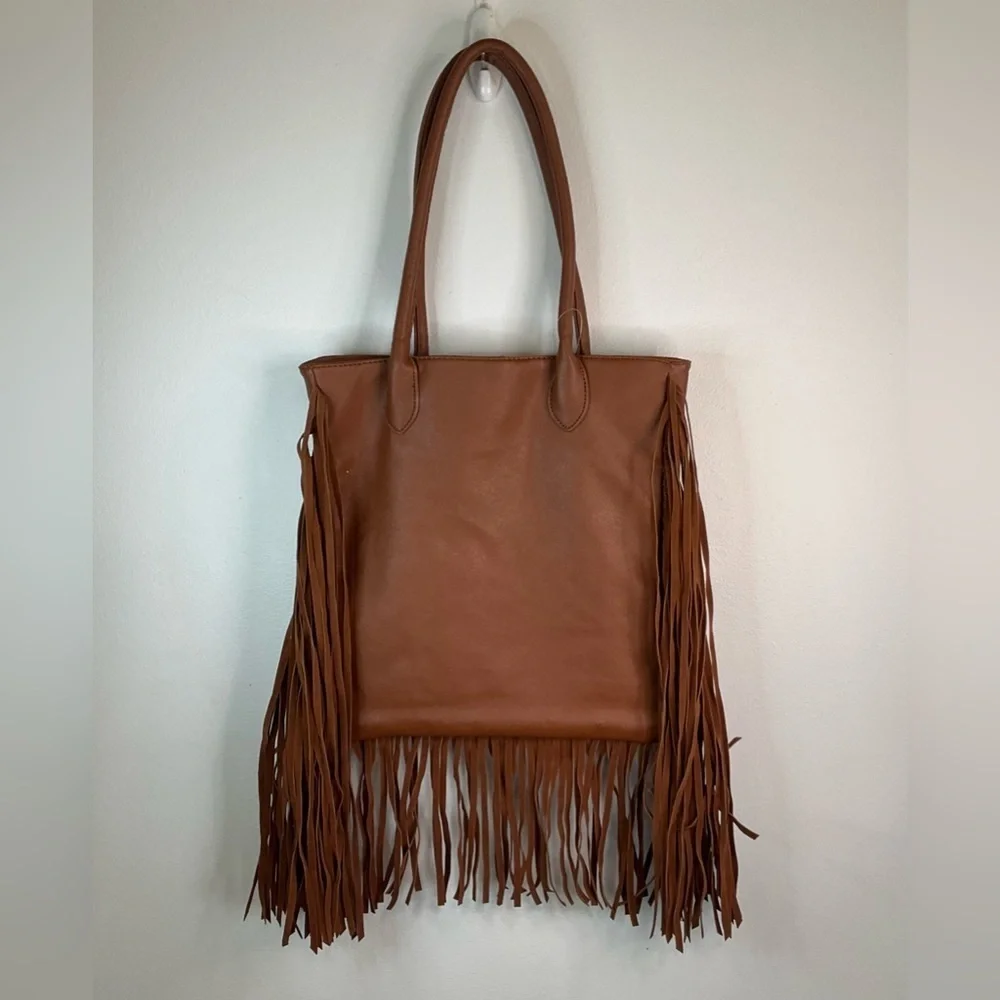 Brown Fringe Boho Tote Bag Western Cowgirl Festival Shoulder Bag Faux Leather